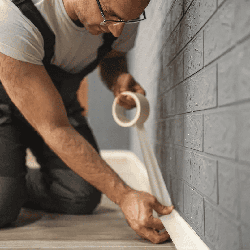 Man applying masking tape on wall