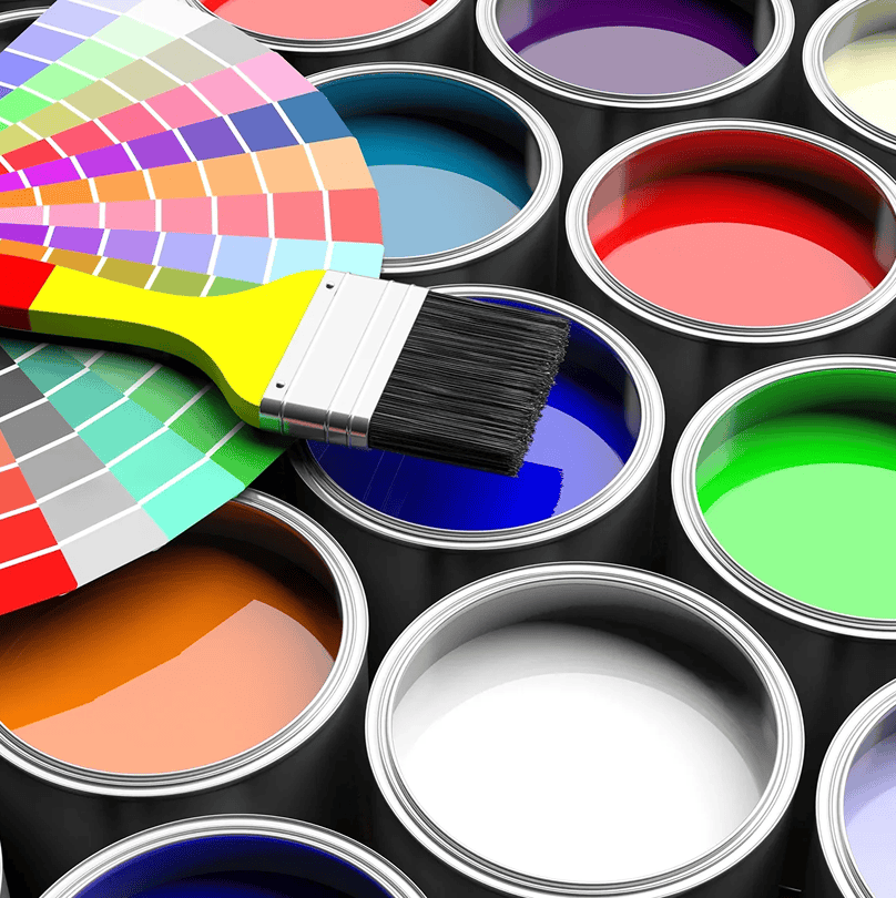 Assorted paint cans and color samples