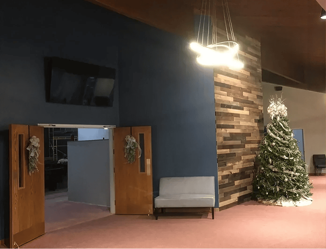 Elegant church foyer during holiday season