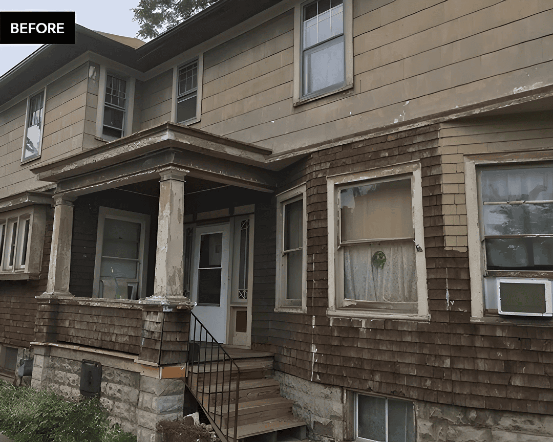 Front view of deteriorating house facade